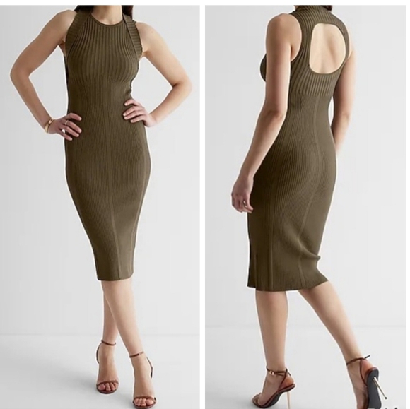 Express Dresses & Skirts - Express Body Contour Ribbed Knit Midi Dress, Open Back Cut Out, Olive Green, EUC